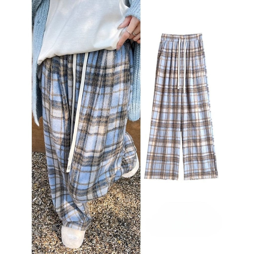 Plaid Wide-Leg Fleece-Lined Pants with Drawstring for Women - Miriam