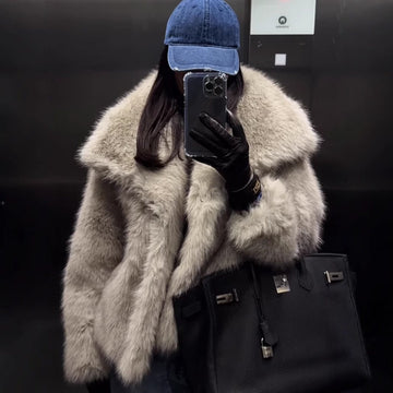 Milktea Faux Fur Coat with Wide Collar for Women - Sveva