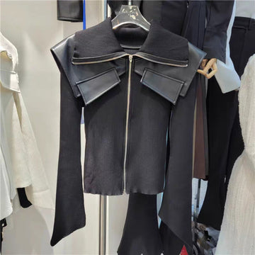 Zip Up Knit Jacket with Wide Collar for Women - Raffaella