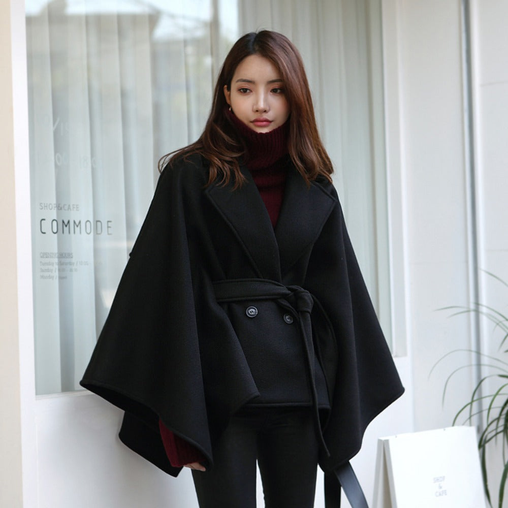 Belted Cape Coat with Wide Sleeves for Women - Tonia