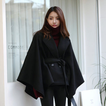 Belted Cape Coat with Wide Sleeves for Women - Tonia