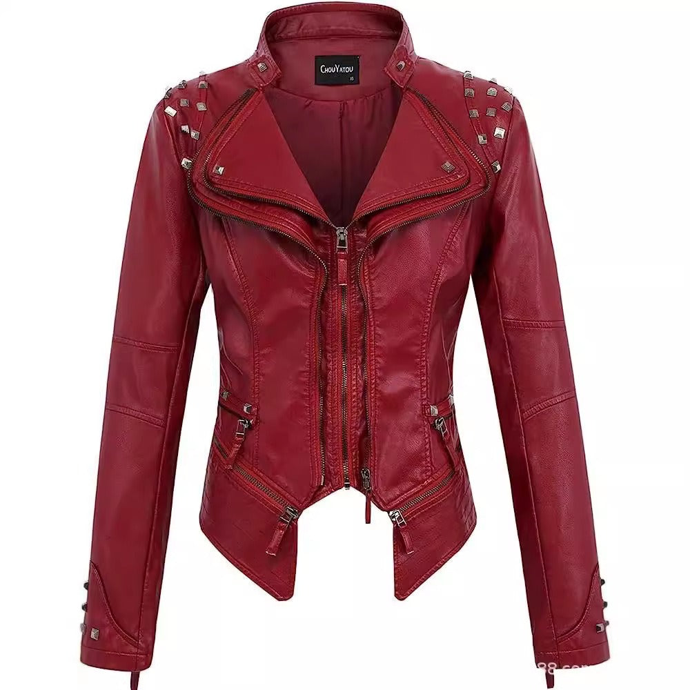 Faux Leather Studded Biker Jacket for Women - Leonia