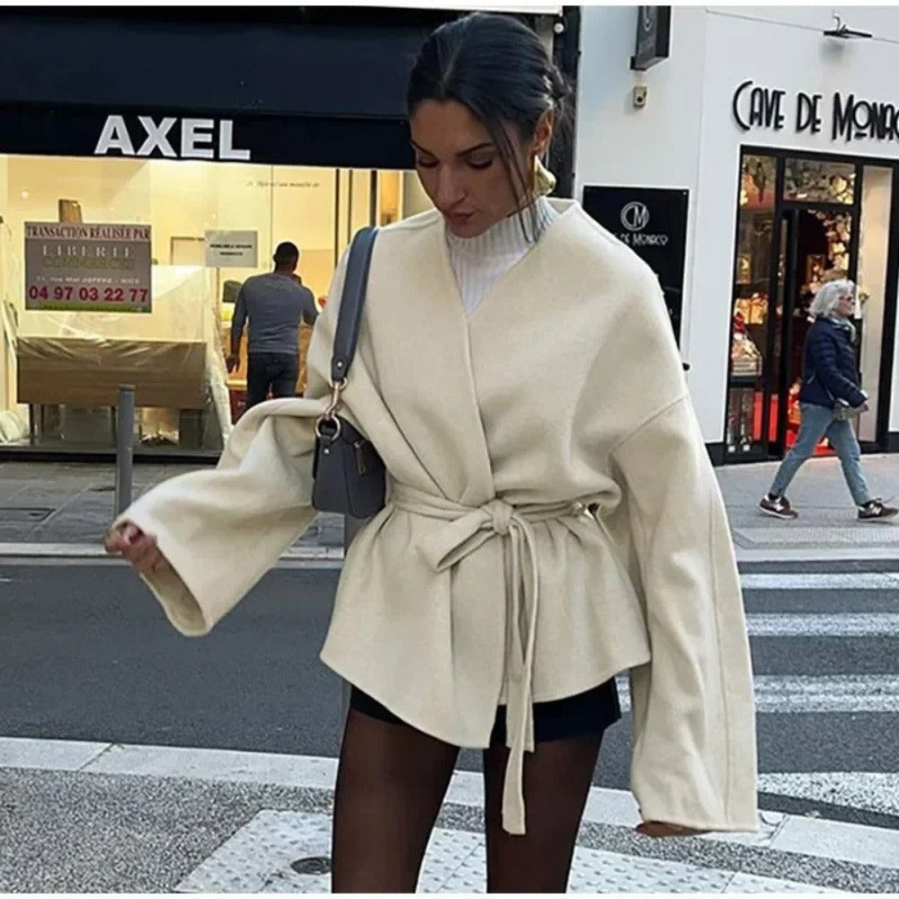 Beige Wrap Belted Coat with Long Sleeves for Women - Iride