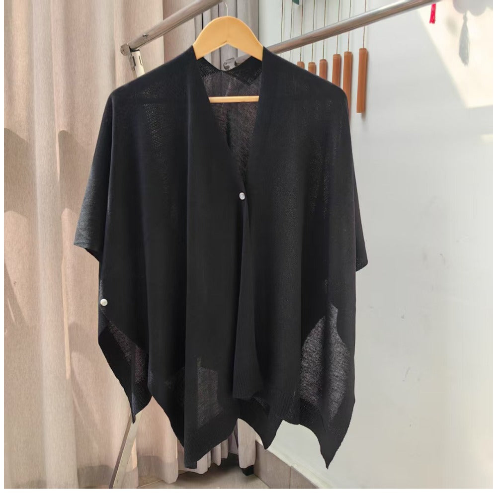 Solid Color Knit Shawl with Button for Women - Michela