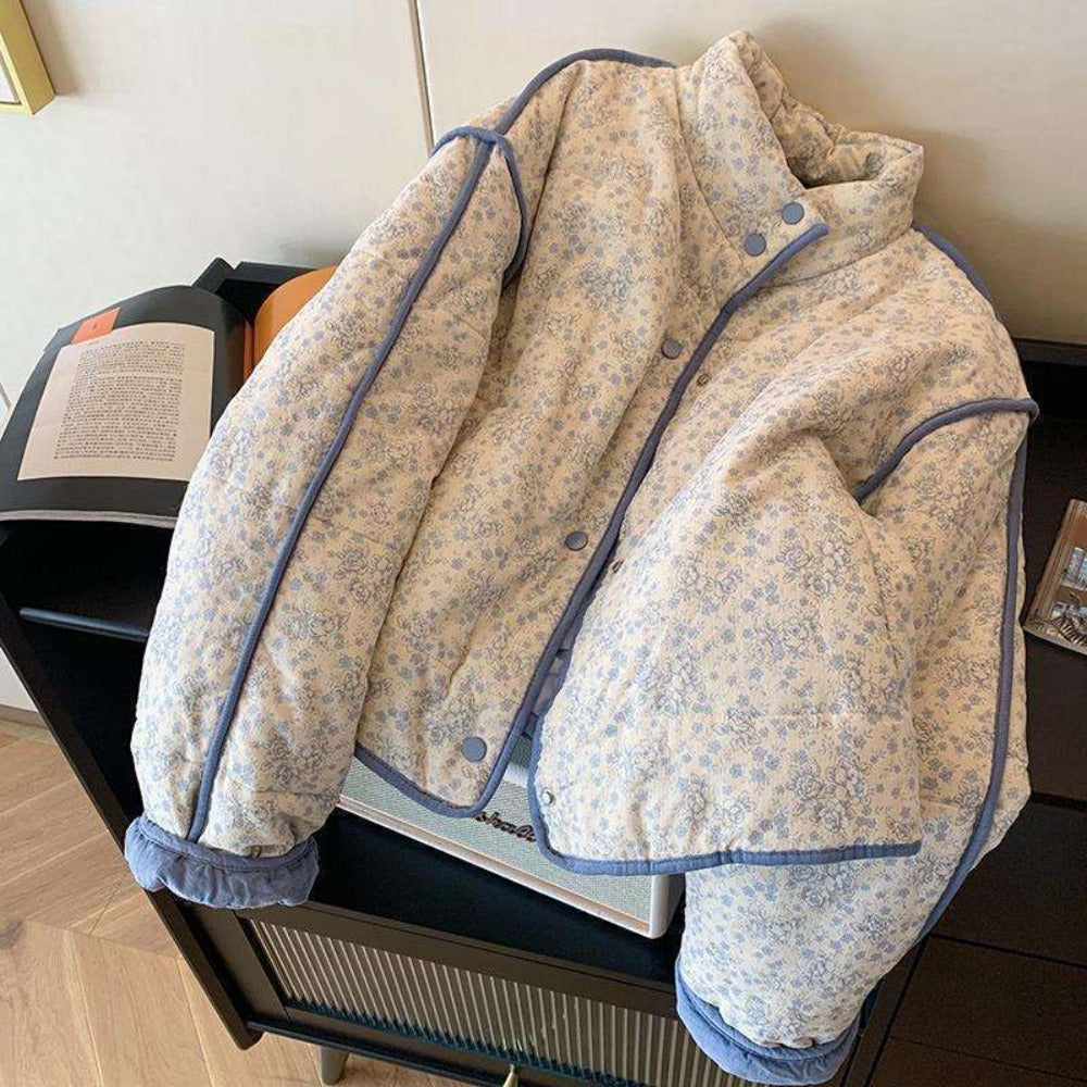 Light Blue Floral Quilted Jacket with Snap Buttons for Women - Sabrina