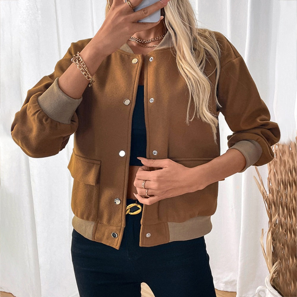 Brown Bomber Jacket with Snap Buttons for Women - Santina