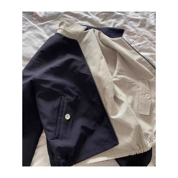 Navy Blue Reversible Bomber Jacket with Striped Lining for Women - Angelica
