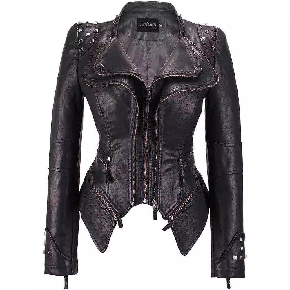 Faux Leather Studded Biker Jacket for Women - Leonia