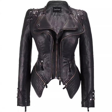 Faux Leather Studded Biker Jacket for Women - Leonia