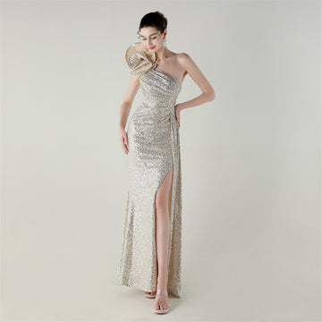 Craft Floral Beaded One Shoulder Diagonal Collar Fishtail Evening Dress Dinner Wedding Awards Ceremony Social Dress