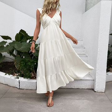 Casual Simple Sleeveless V neck Vacation Dress White Dress