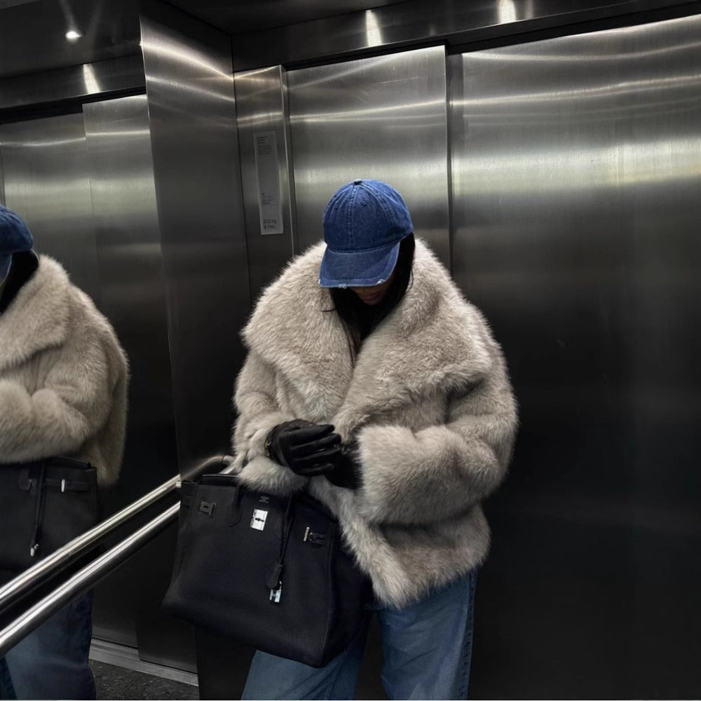 Milktea Faux Fur Coat with Wide Collar for Women - Sveva