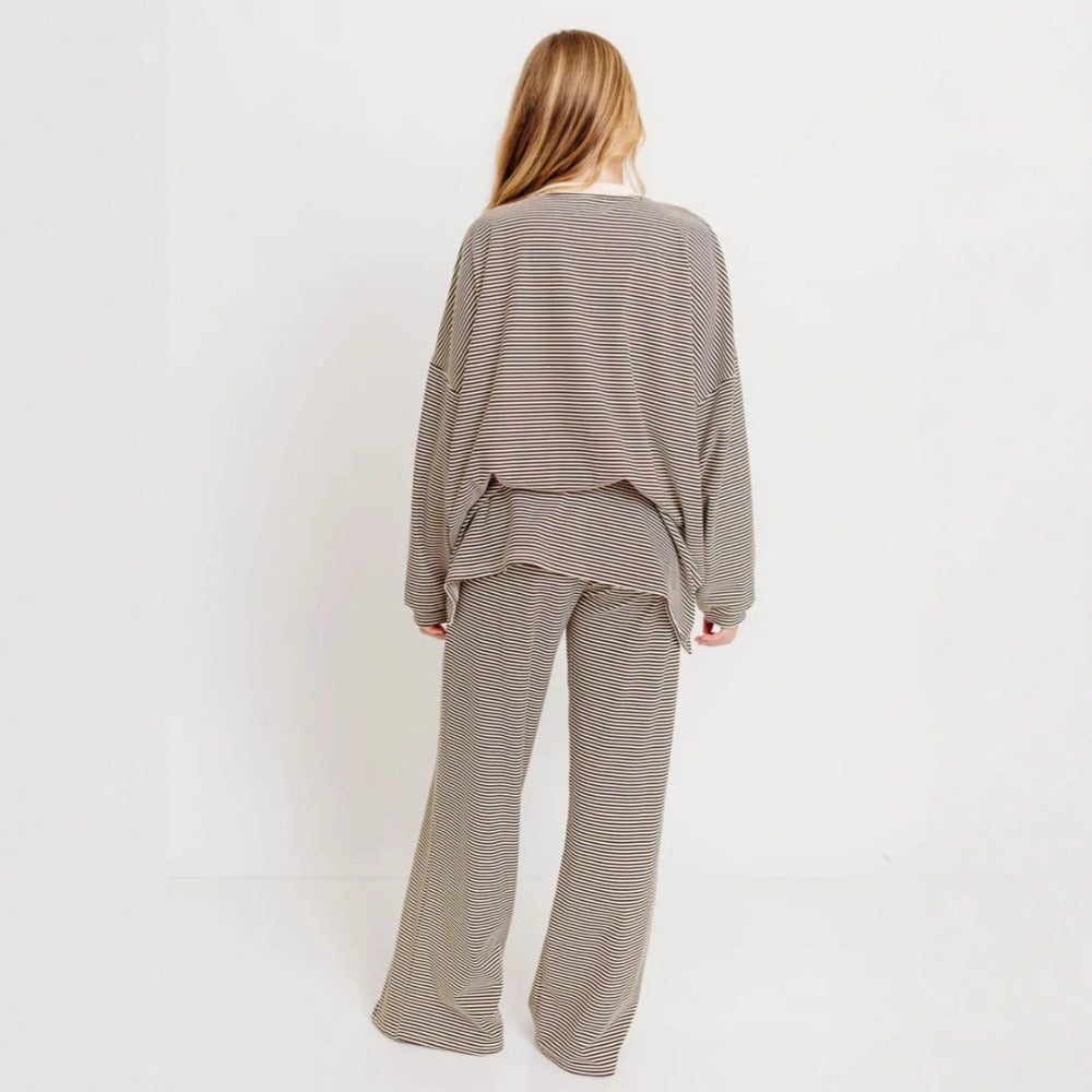 Brown Striped Long Sleeve Pajama Set for Women - Lavinia