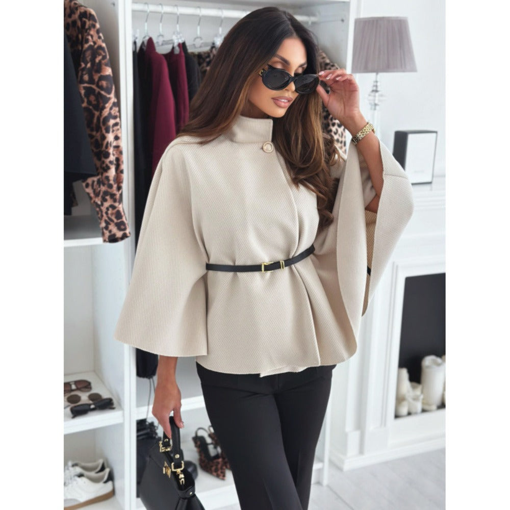 Belted Cape Coat with Wide Sleeves for Women - Zita