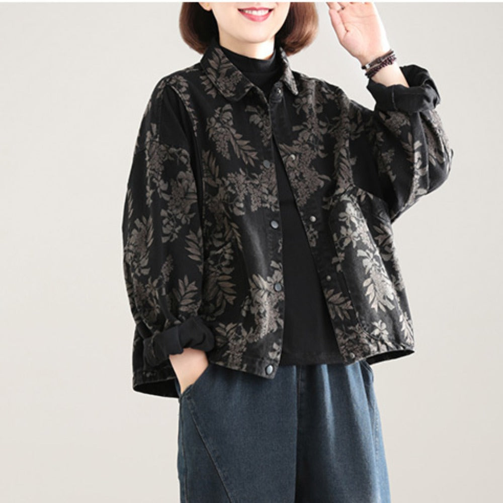 Black Floral Print Button Down Jacket for Women - Ginevra