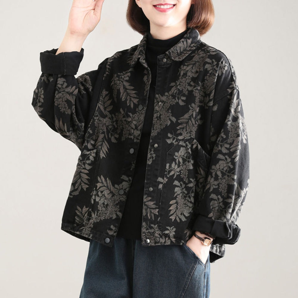 Black Floral Print Button Down Jacket for Women - Ginevra