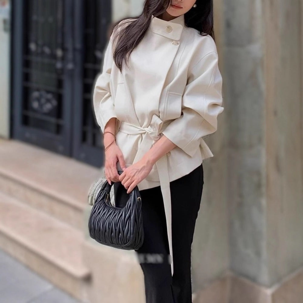 Belted High Neck Jacket with Wide Sleeves for Women - Fortunata