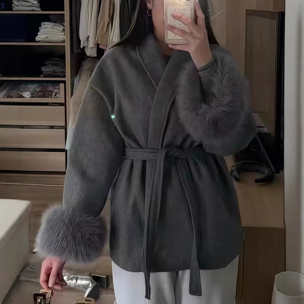 Faux Fur Trim Belted Coat for Women - Sheila