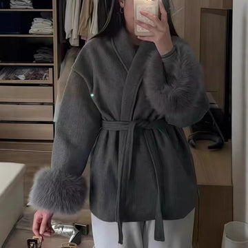 Faux Fur Trim Belted Coat for Women - Sheila
