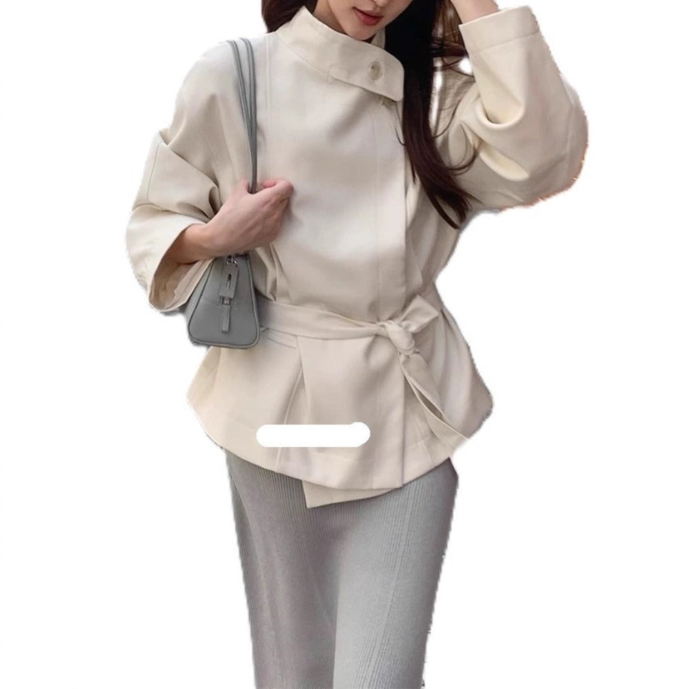 Belted High Neck Jacket with Wide Sleeves for Women - Fortunata
