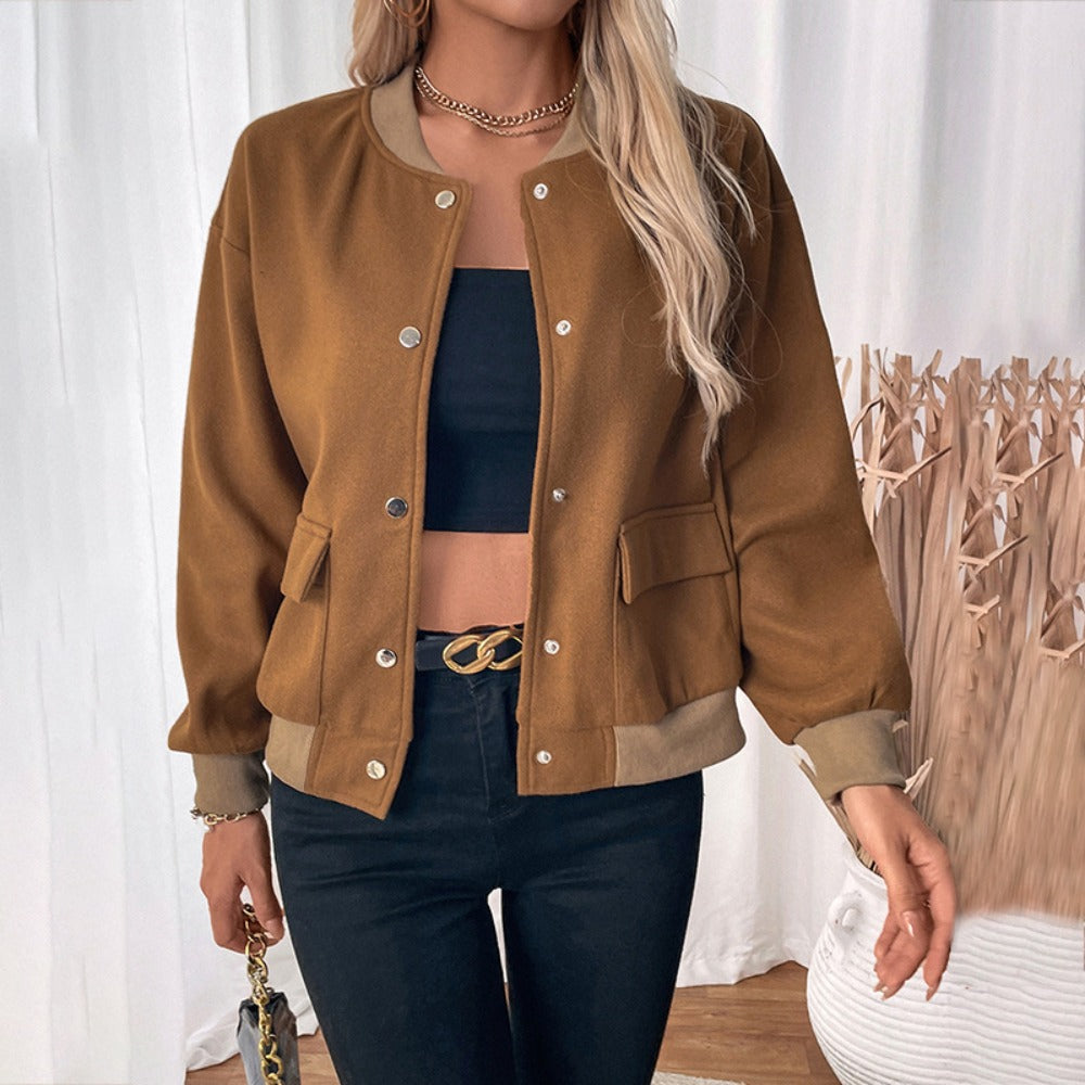 Brown Bomber Jacket with Snap Buttons for Women - Santina