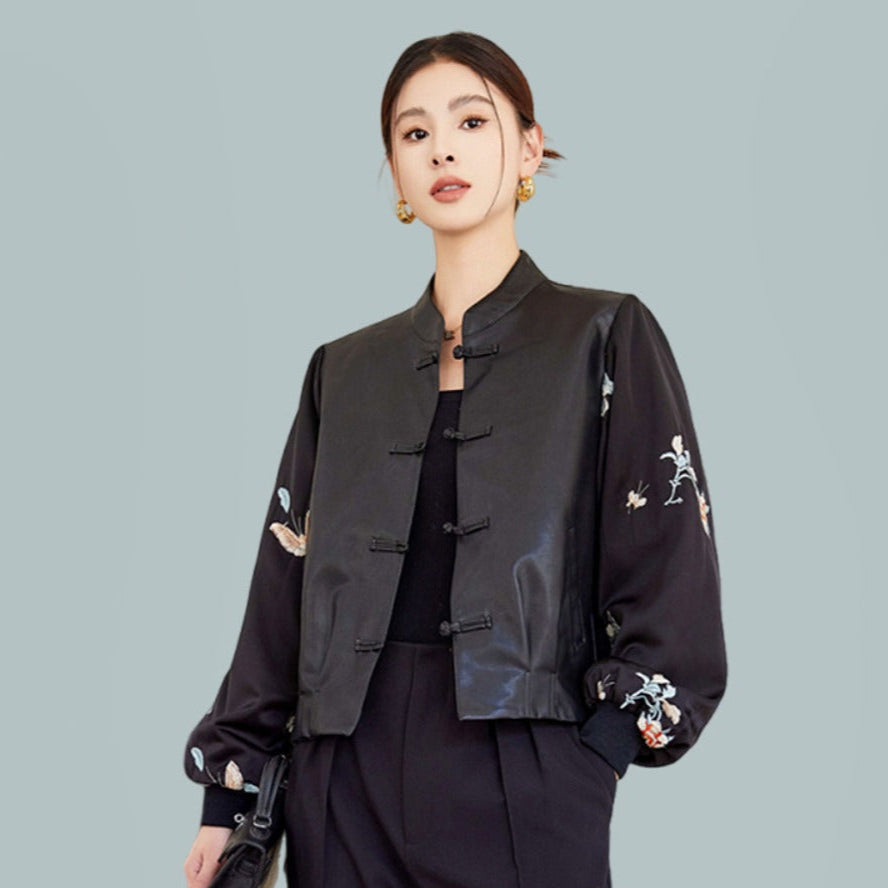 Black Faux Leather Jacket with Embroidered Sleeves for Women - Genziana