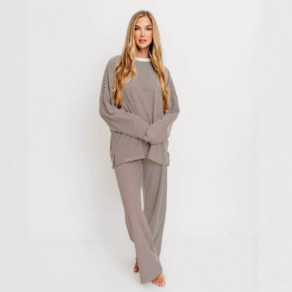 Brown Striped Long Sleeve Pajama Set for Women - Lavinia